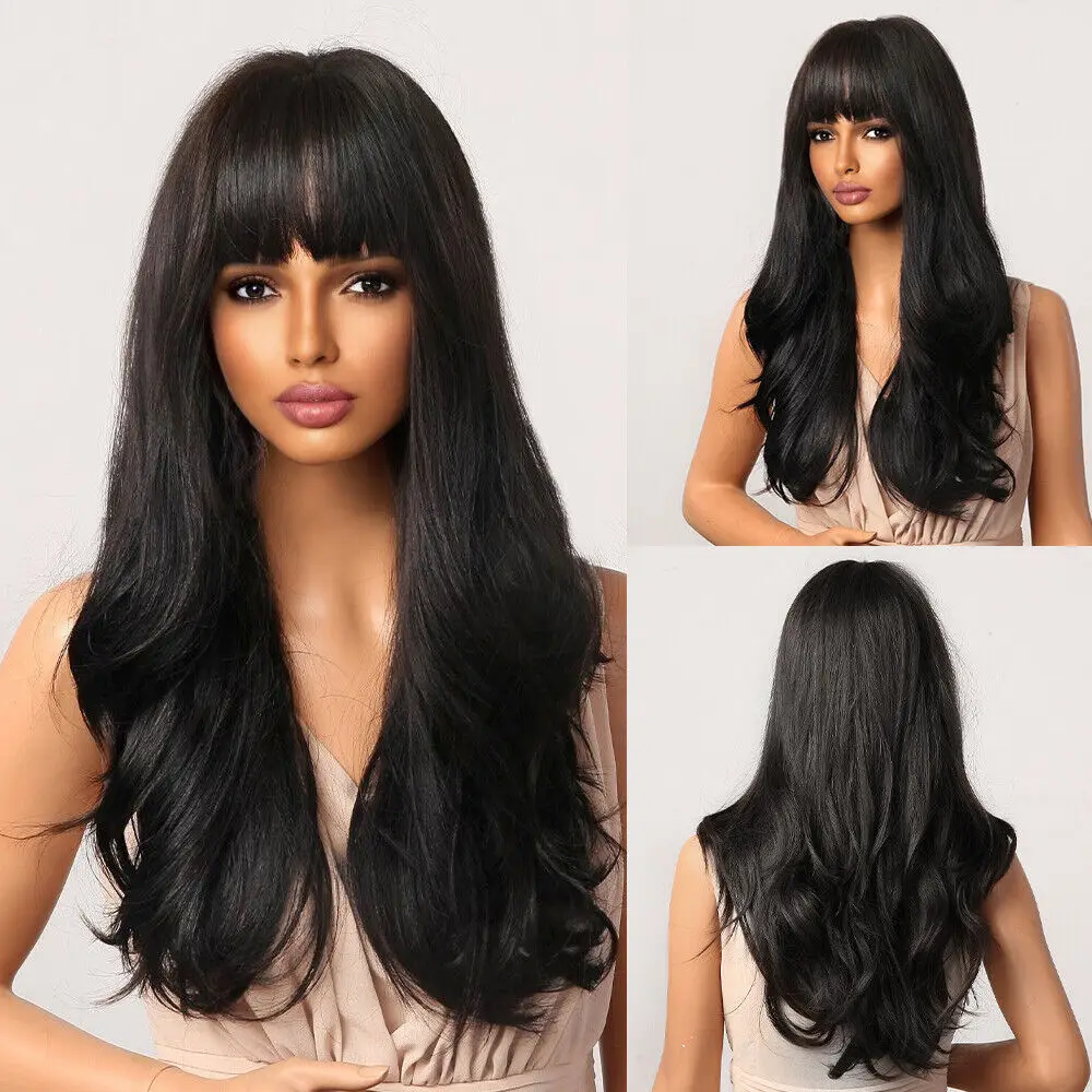 Dress Up Wigs With Fringe Black Women Layered Long Wavy Synthetic Hair