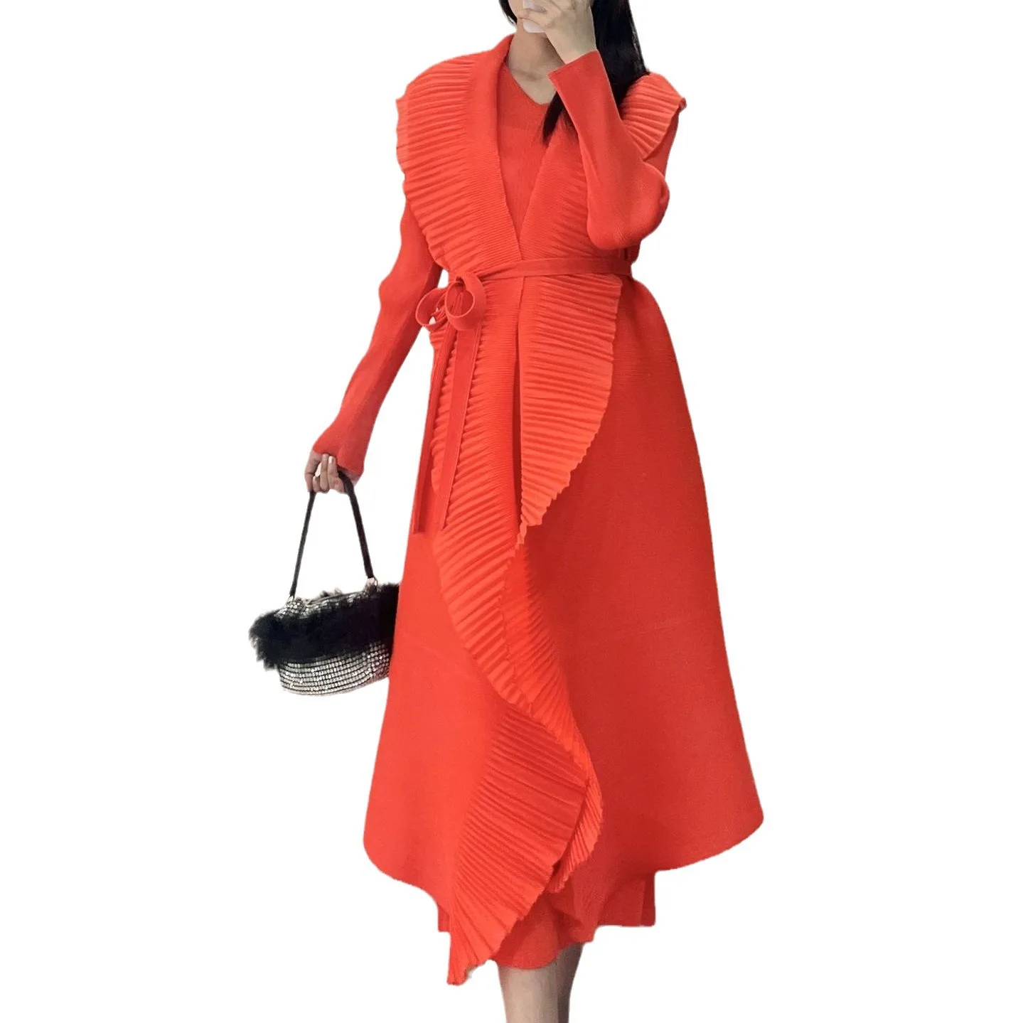 2024 New Miyake Fold Cardigan Ruffled Edge Explosion Elegant Dress Female Solid Color Long Dress Unique Belt Coat Women Cardigan