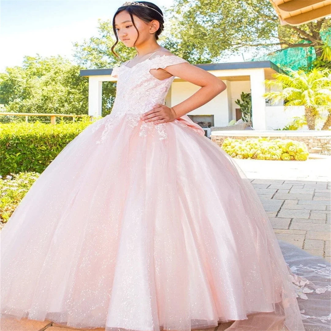 Customized Sky Blue Flower Girl Dress Tulle Floral Appliques Sleeve For Wedding Birthday Evening Prom Banquet Princess Gown