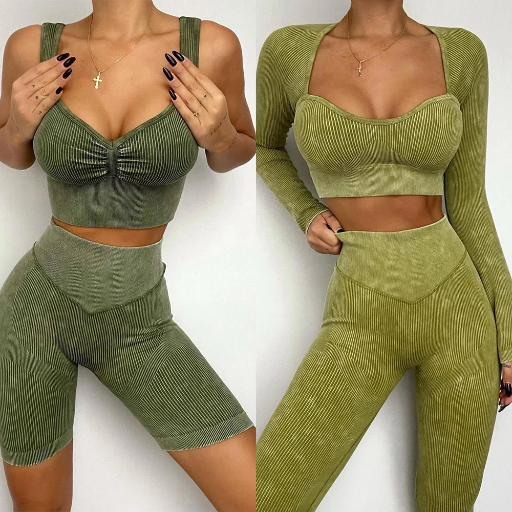

Women's Seamless Yoga Set Ribbed Long Sleeve Top with High Waisted Ribbed Leggings Gym Fitness Clothing Fashion Sports Wear