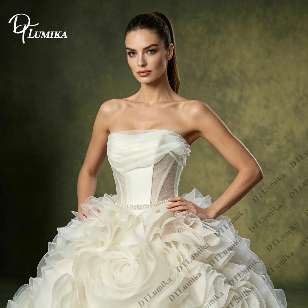 Customized 3D Rose Floral Wedding Dress Strapless Ball Gown Bridal Gown Long Puffy Formal Gown for Bride Wedding Ceremony Dress