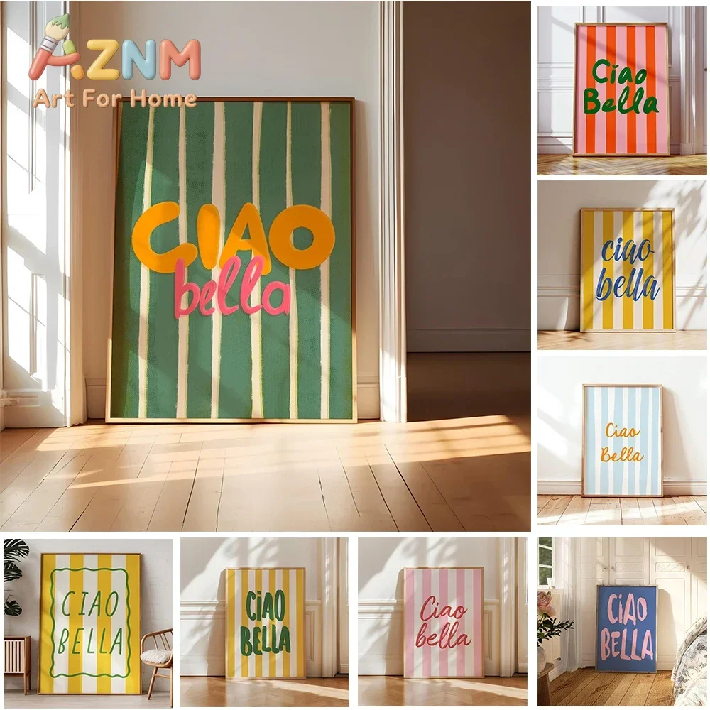 Ciao Bella Poster Sage Green Wall Art Stripe Print Preppy Aesthetic Kitchen Wall Art Dopamine DecorTrendy Wall Art Decoration