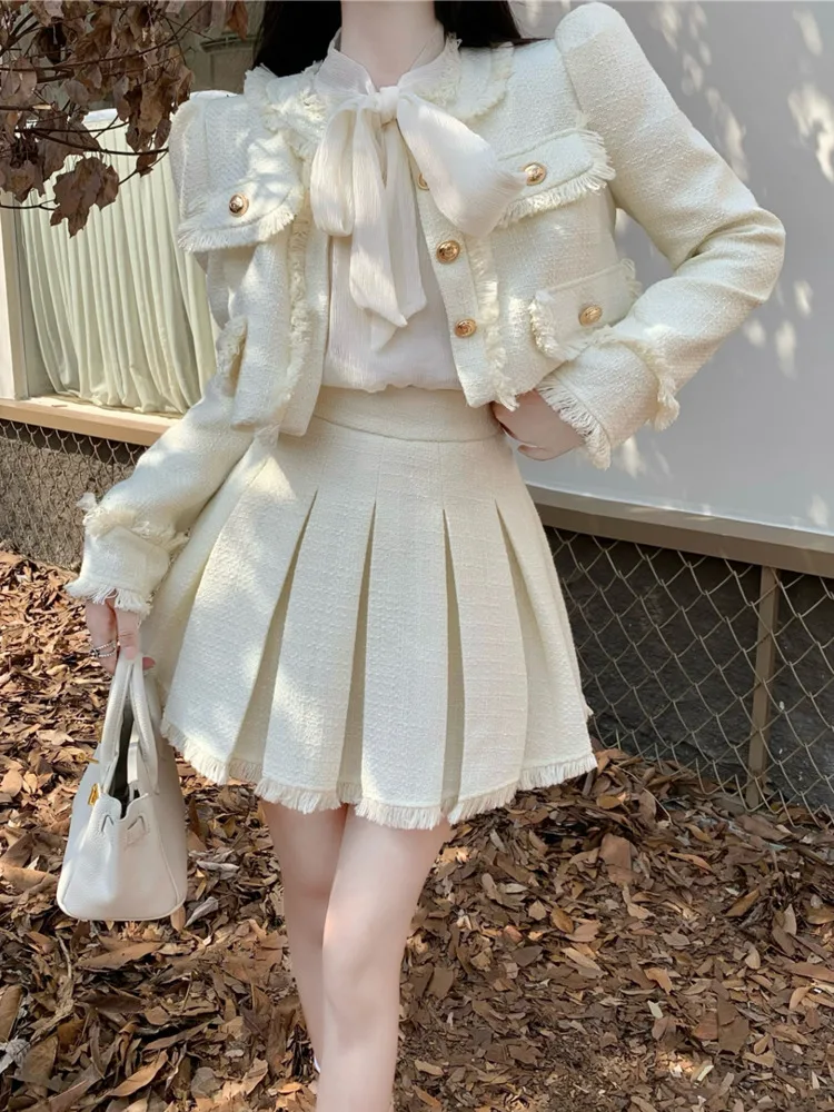 

High Quality French Vintage Small Fragrance Two Women Short Jacket Coat + Pleated Skirt Suits Brand 2 Piece Set