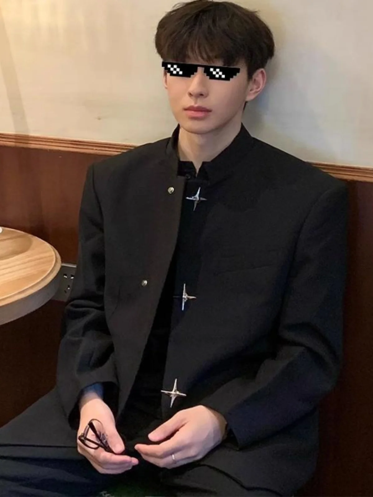 

New Chinese Style Men's Black Shoulder Pad Suit Jacket Stand Collar Casual Western Style Clothing Youth Fashion Autumn Season