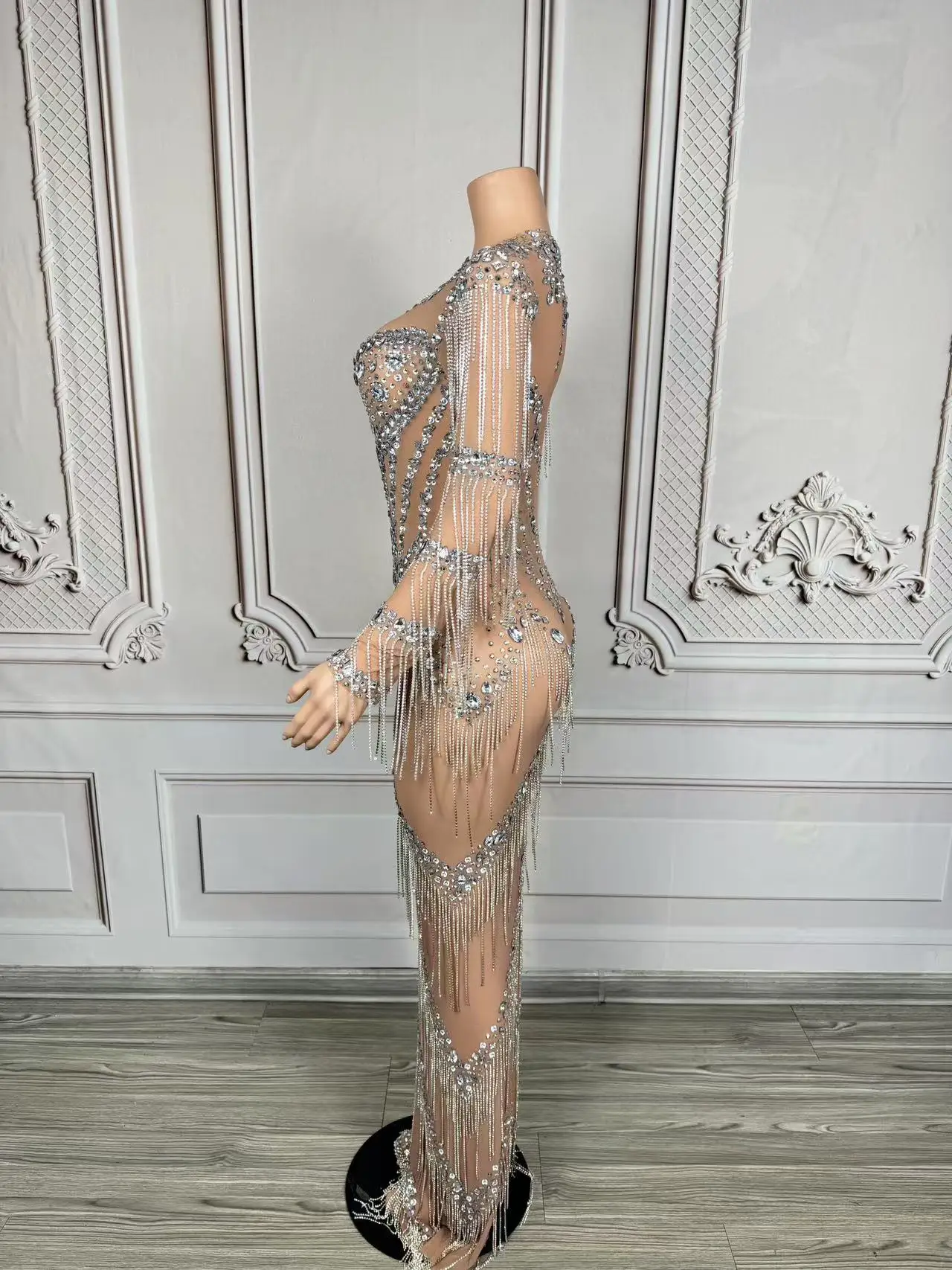 Nachtclub Tänzerin Kleidung Party Rave Outfit Abendkleid Silberkette Fransen Mesh Durchsichtig Sexy Drag Queen Kostüm