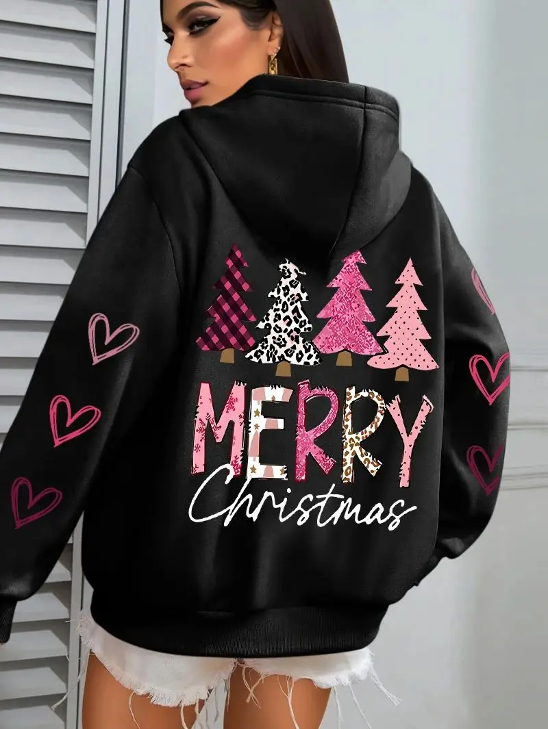 

2025 Fashion Trend Women's Sportswear, Christmas Letter Design, Autumn and Winter Pullover, Casual Loose Sports Hoodie