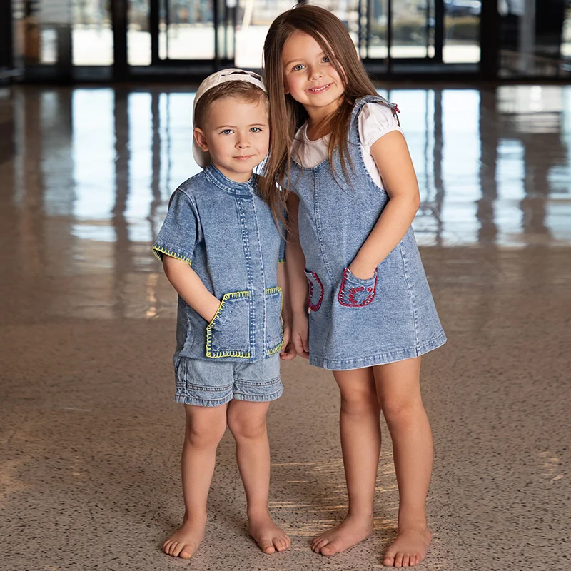 Summer denim collection girls dress set cute baby rompers boys casual shirt girls skirt family clothing set contrast pockets