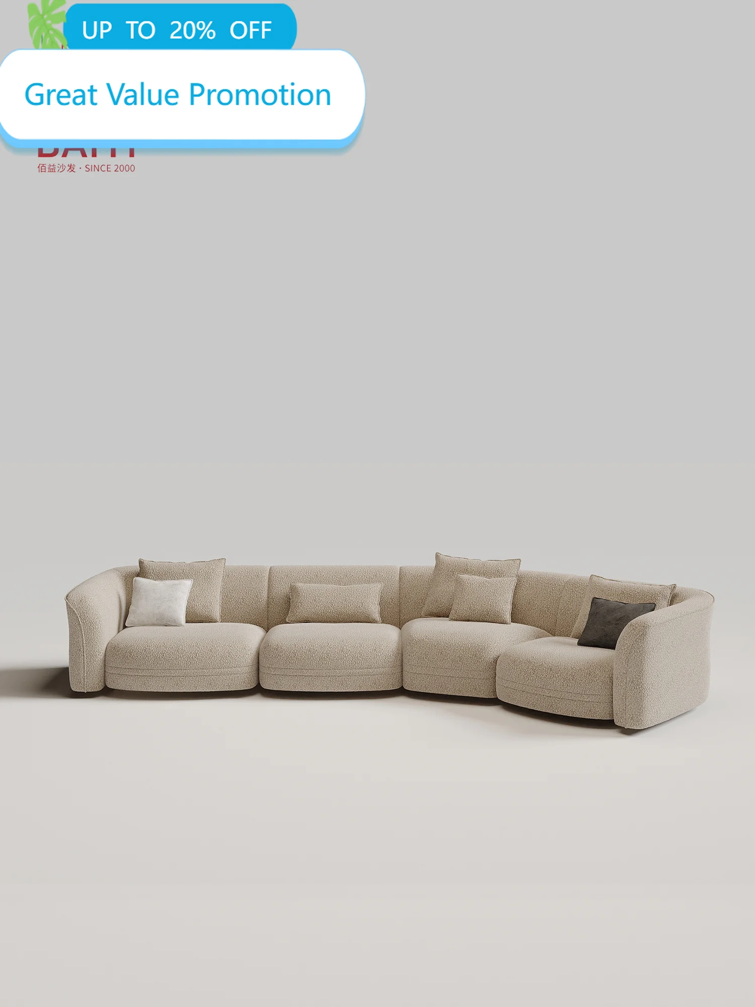 Beige Boucle Curved Modular Sectional Sofa 4 Piece Deep Seat Pillow Backrest Rounded Armrest For Living Room Villa