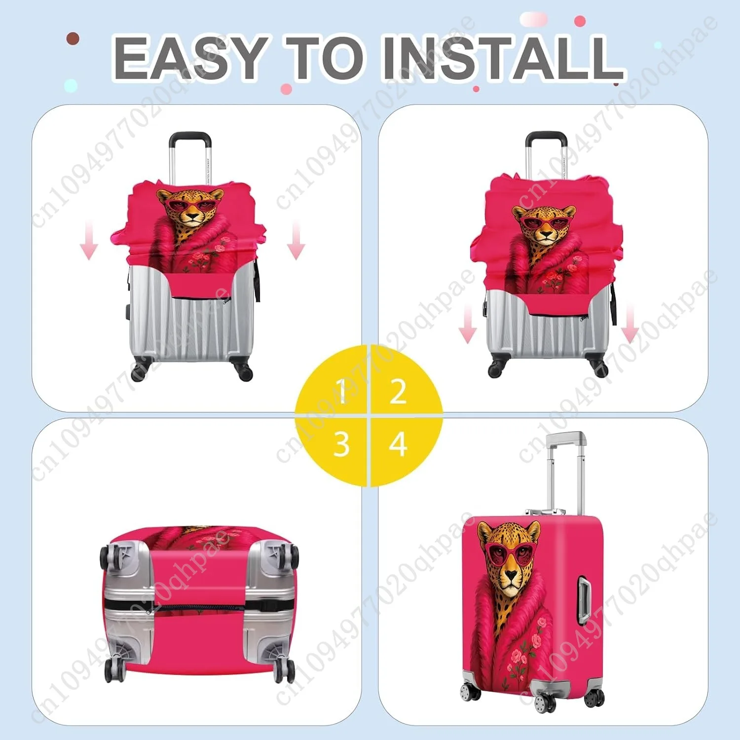 ANNA QUEEN Housse de bagage léopard à la mode, léopard en manteau rose et lunettes de soleil, pochette de voyage extensible et lavable pour 28-30