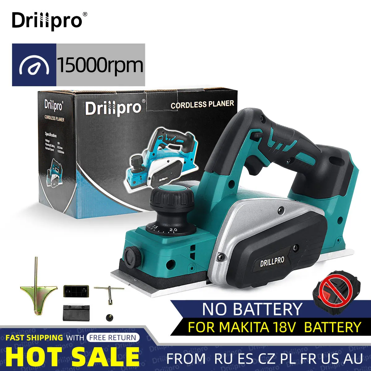 Drillpro-cepillo eléctrico recargable de 15000RPM y 18V, herramienta de corte de madera de mano inalámbrica con llave para batería Makita de 18V