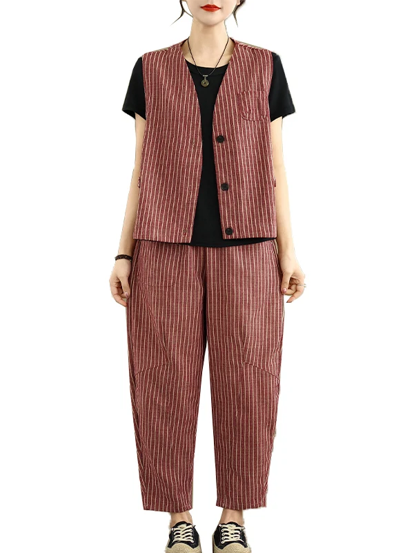 Casual Cotton Linen Stripe Set Loose Svel Vest Harlan Pants Two Piece Set Summer Faion Women's Ensemble V Ne Overhead