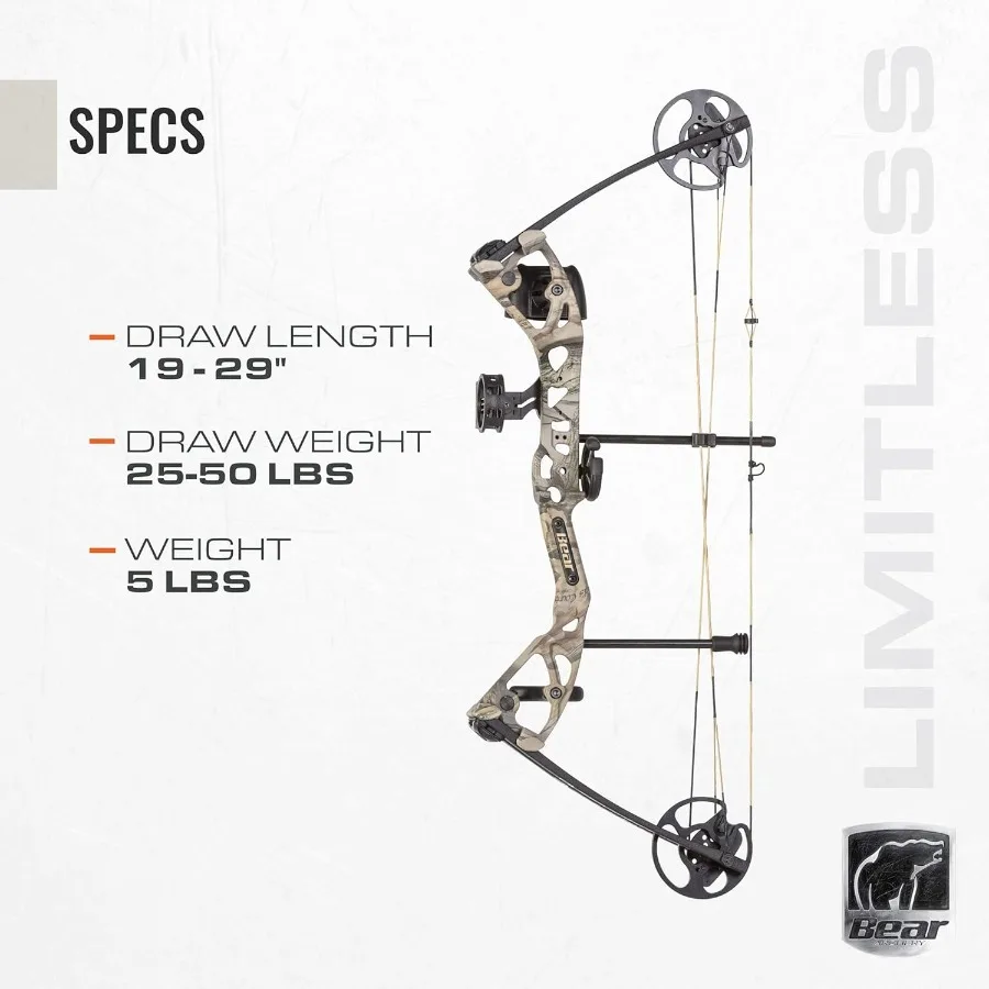 Bear Archery Limitless Dual Cam Compound Bow - Includes Quiver Sight and Rest God's Country