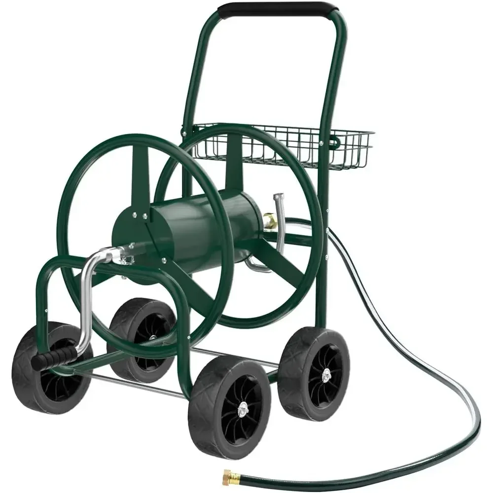 Portable 4-Wheel Garden Hose Cart with Storage Basket for Lawn and Backyard Watering (Green)