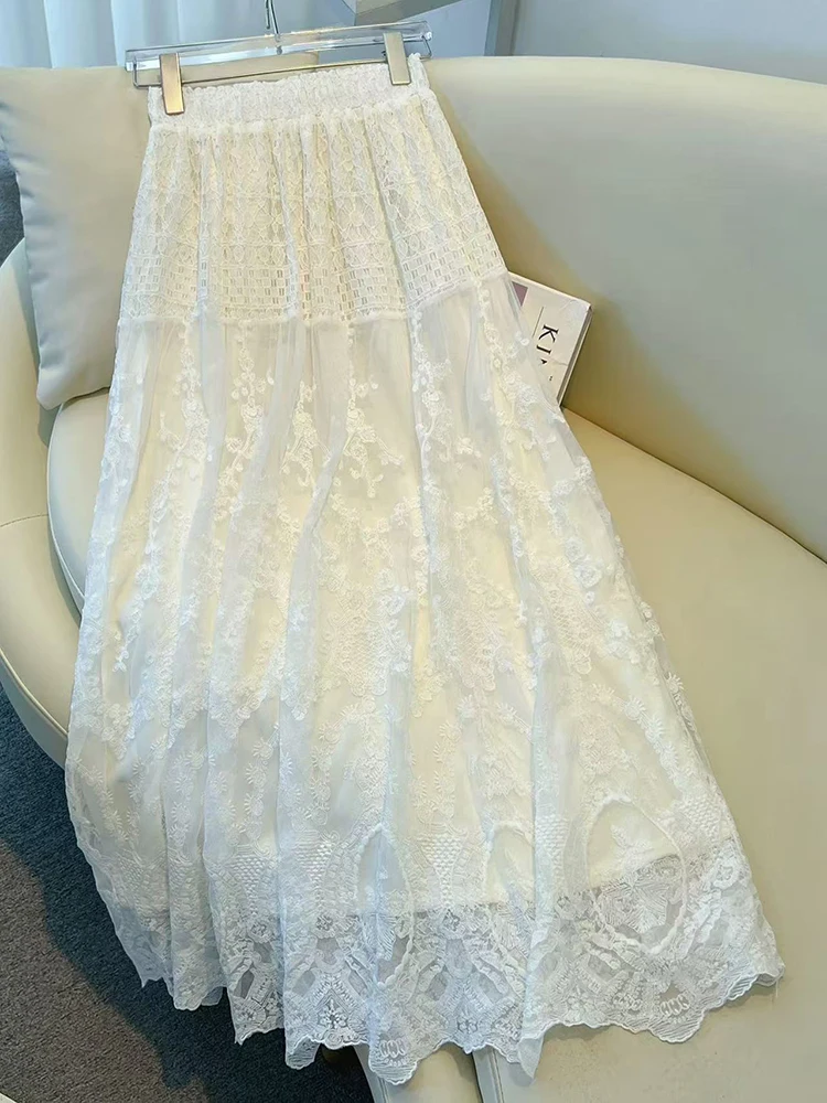 

Новая женская летняя юбка миди из французского кружева, свободная, с вышивкой, сетчатая, с высокой талией, повседневная, в стиле пэчворк, А-силуэт