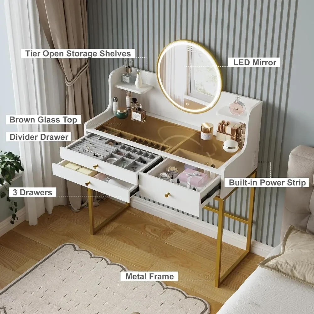 

Makeup equipped with 3 drawers and 2 storage shelves vanity with mirror and light power sockets, and 3 lighting modes