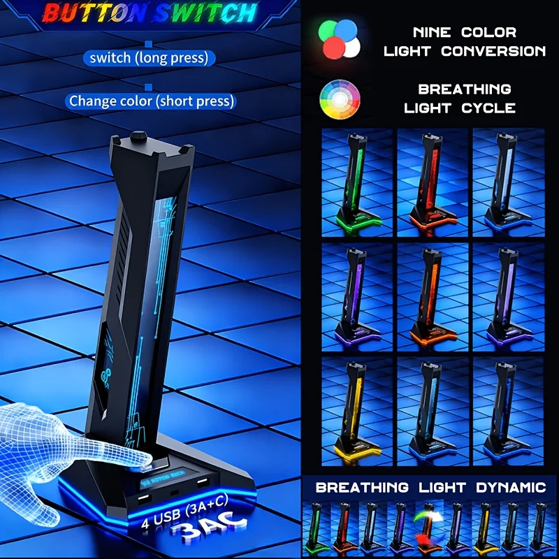 2 IN 1 USB Hub RGB Gaming Headphone Stand,  3 USB-A and 1 Type-C Port, Multi-Color Light Anti-Slip Base for PC Gamer Desk Decor view 4