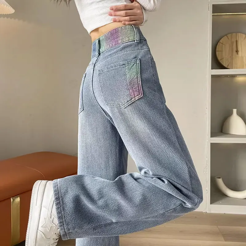 

Colorful Starry Sky Pattern Narrow Wide-Leg Jeans Women 2025 Summer New High-Waisted Loose Slimming Straight-Leg Pants Female
