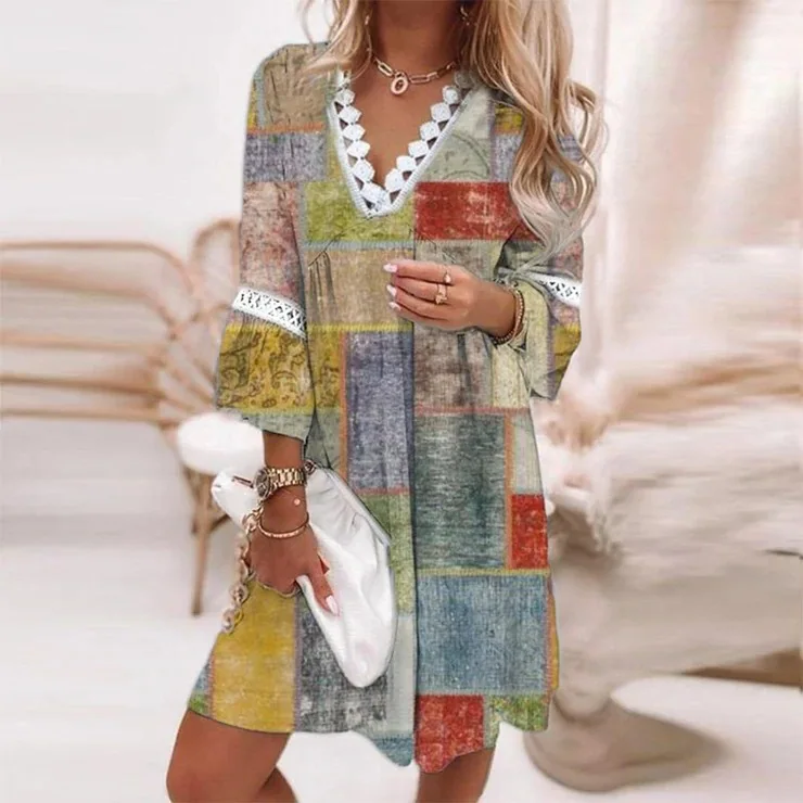 Women's V-Neck Printed Lace Patchwork Loose Comfortable Bohemian Dresses