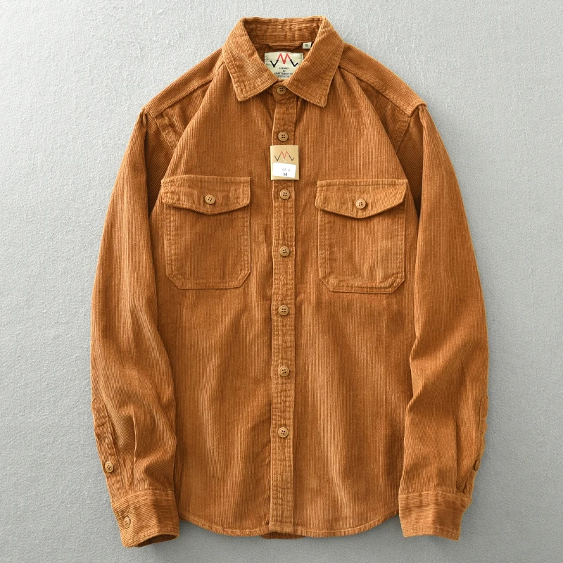 Vintage heavy May Khaki corduroy men\'s shirt long sleeve loose cargo bag casual shirt coat