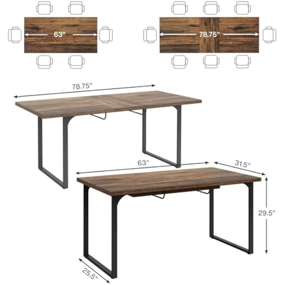 Extendable Dining Room Table for 6-8 People, 63-78.8 Wood Dinner Table with Metal Frame, Modern Expanding Table for Kitchen