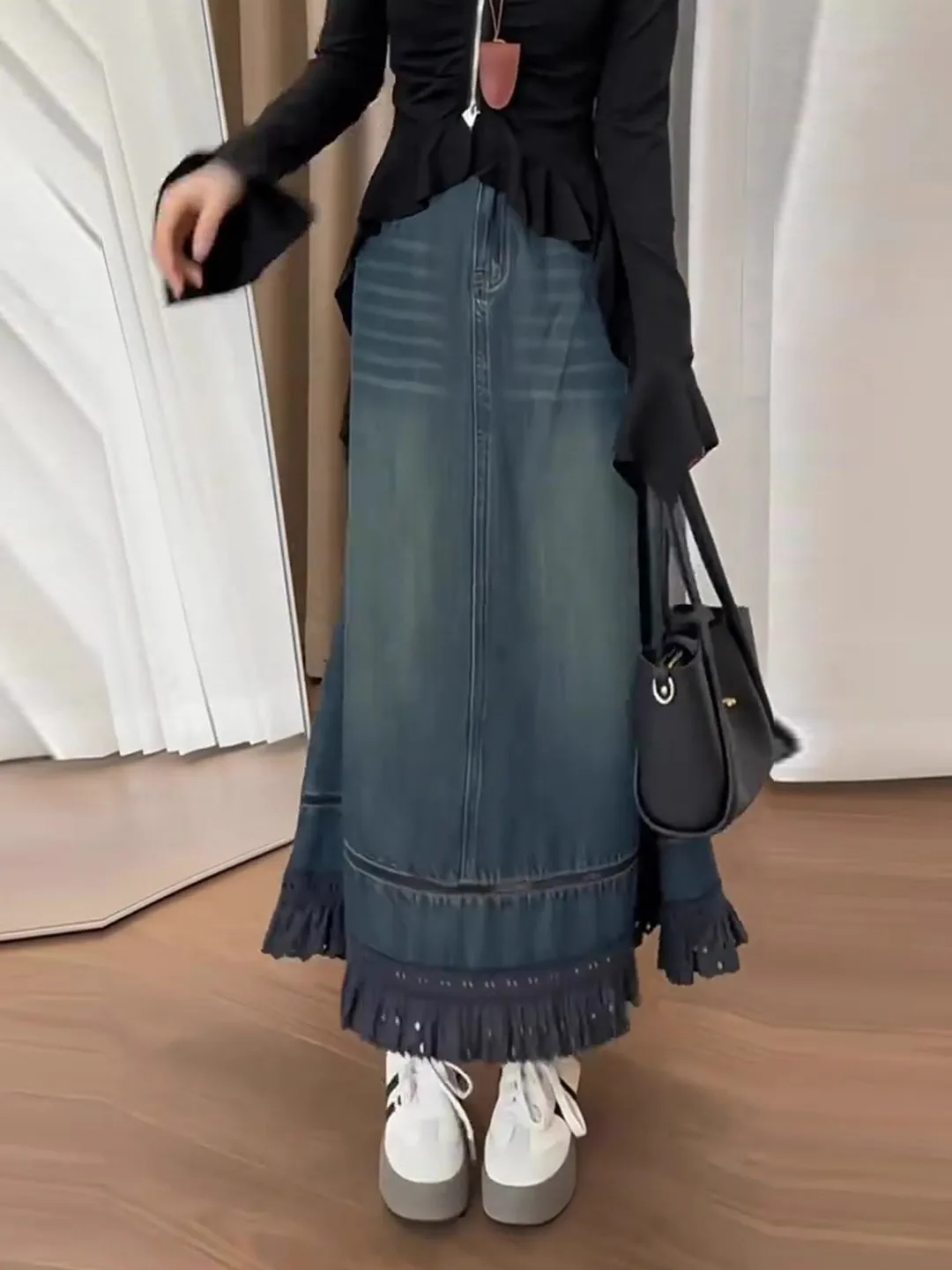 

Синяя винтажная джинсовая юбка с кружевной отделкой, женская свободная юбка А-силуэта с высокой талией, большие размеры, повседневная, весна-осень, новинка