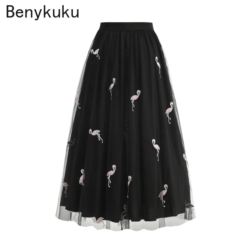 Flamingo Embroidery Mesh Long Skirts for Women 2025 Elegant Elastic Waist Casual Pleated Skirt Luxury Vintage Womens Clothing