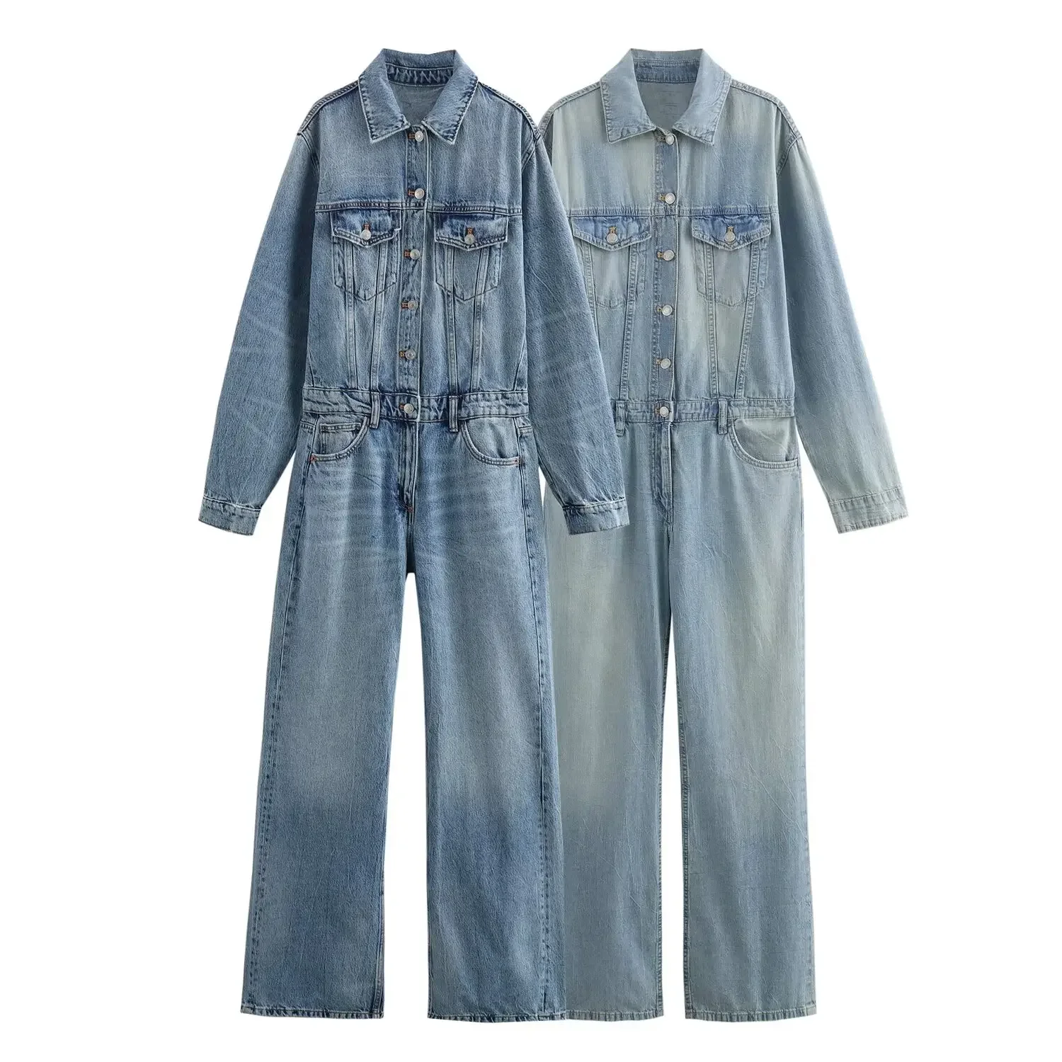 Dames 2024 Nieuwe Mode Chic Casual Joker Straight Denim Jumpsuit Retro Lange Mouwen Dames Jumpsuit Mujer