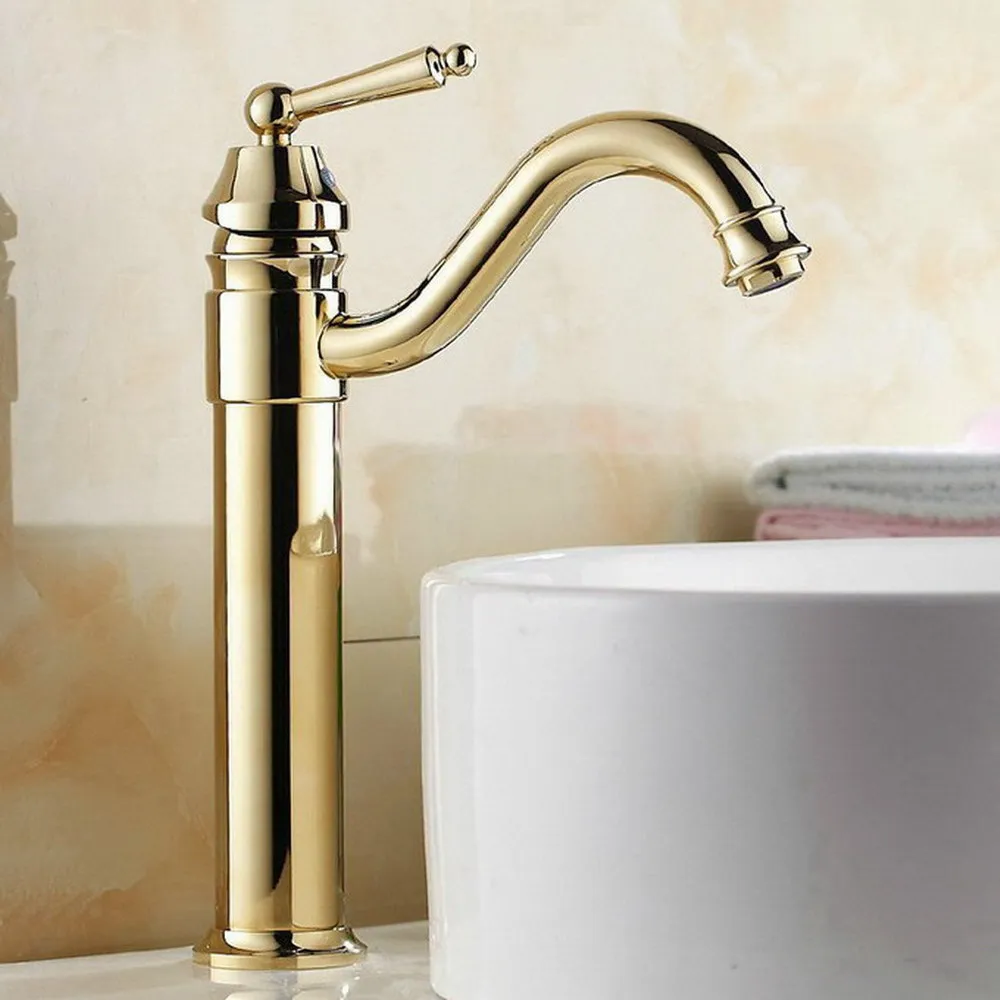 

Basin Faucets Gold Plated Deck Mounted Bathroom Faucets Brass Bathroom Taps Mixer Single Handle Faucet Kgf055