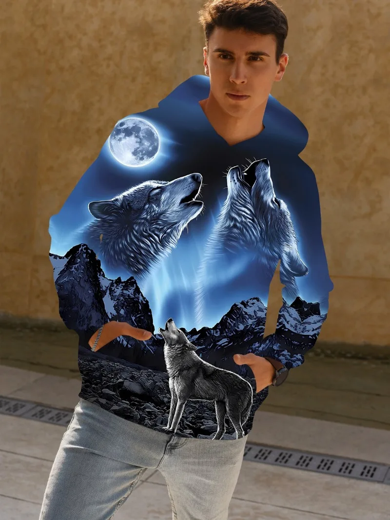 Sudadera con capucha para hombre con estampado de lobo en 3D, sudadera con capucha de calle para hombre de tendencia de moda,