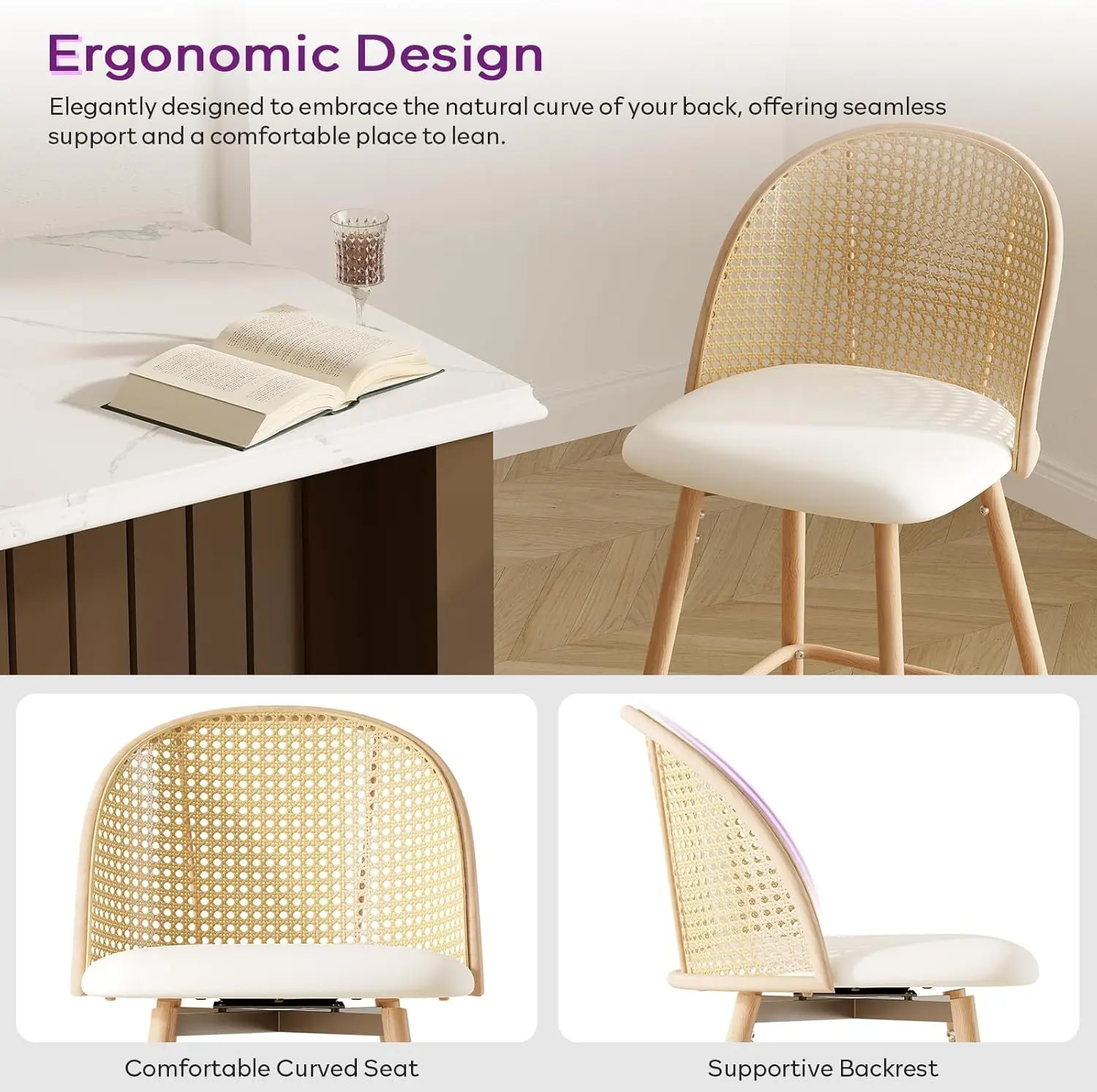 طقم مقاعد بار مقاس 29 بوصة مكون من قطعتين، ارتفاع دوار، مسند ظهر من الروطان، أرجل معدنية، مقاعد جزيرة مطبخ بوهو الحديثة، أبيض