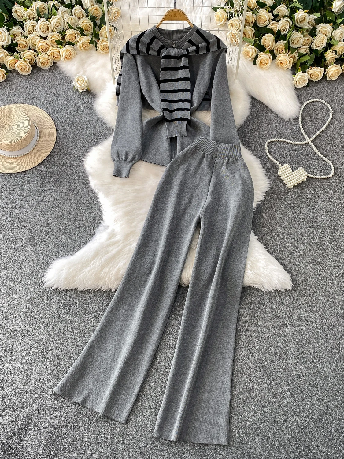 

Women's Knitted Zipper Collar Set Summer 2025 Wide Leg Pants Stripe awl Tee Piece Suit Casual Faion Student Work orm