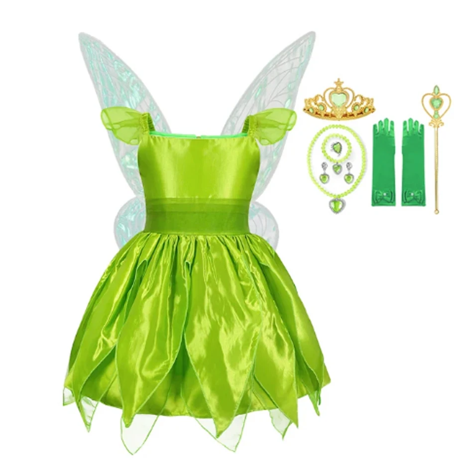 Disney Girls Tinker Bell Costume Halloween Costume for Kids Green Tinkerbell Fancy Dress Fairy Princess Cosplay Carnival Party