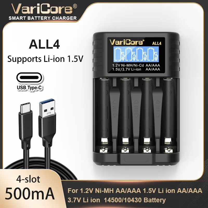  VariCore ALL4 LCD Smart Battery Charger for 1.2v Ni-MH Ni-Cd AA AAA 1.5v Lithium Battery 3.7v 14500 Charging Cells 4 Slots