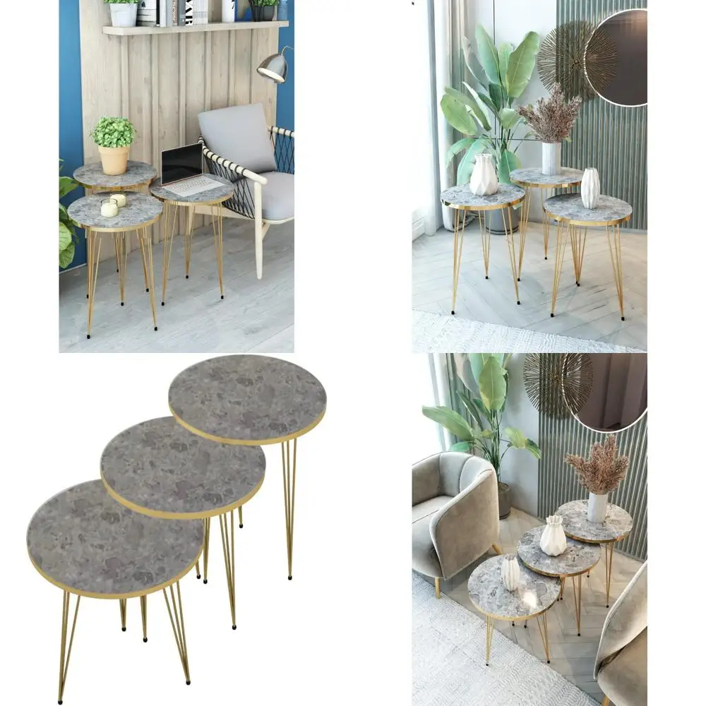 Conjunto de 3 mesas redondas de madeira com design empilhável e pernas de metal para sala de estar e escritório doméstico