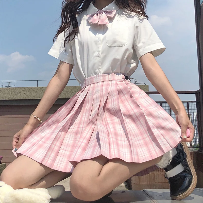 Japanese School Uniform Korean Student JK Seifuku Blouse Pleated Skirt Tie Full Set Girl Plaid Skirt Pink Uniforms for Woman