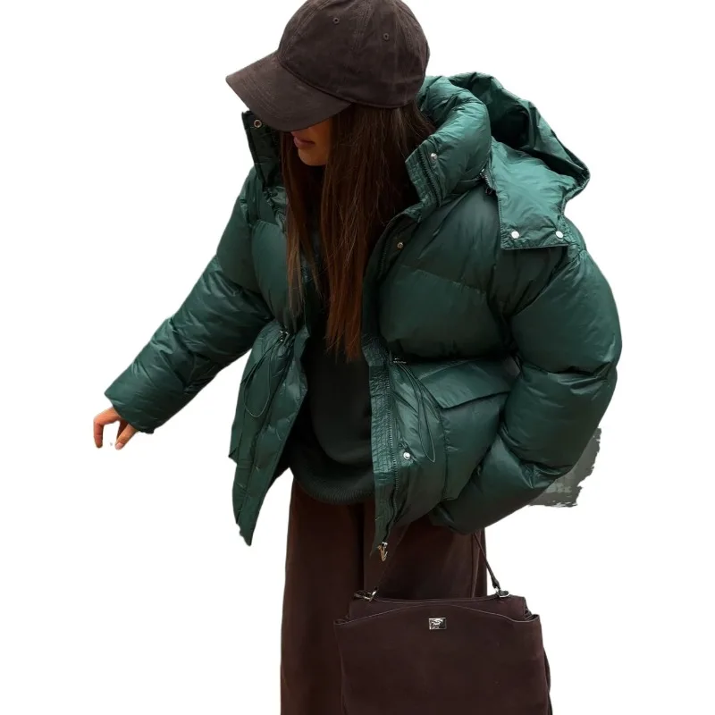 

Fashion High Street Bright Leather Solid Color Hooded Cotton Clothes Short Winter Stand-up Collar Fashion Warm Bread Clothes