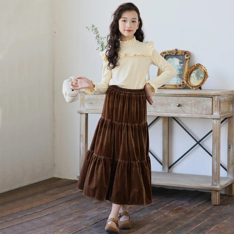 

6 to 18T children teen girls ruffle tee with velvet tiered skirts kids fashion fall winter long flare skirts clothing