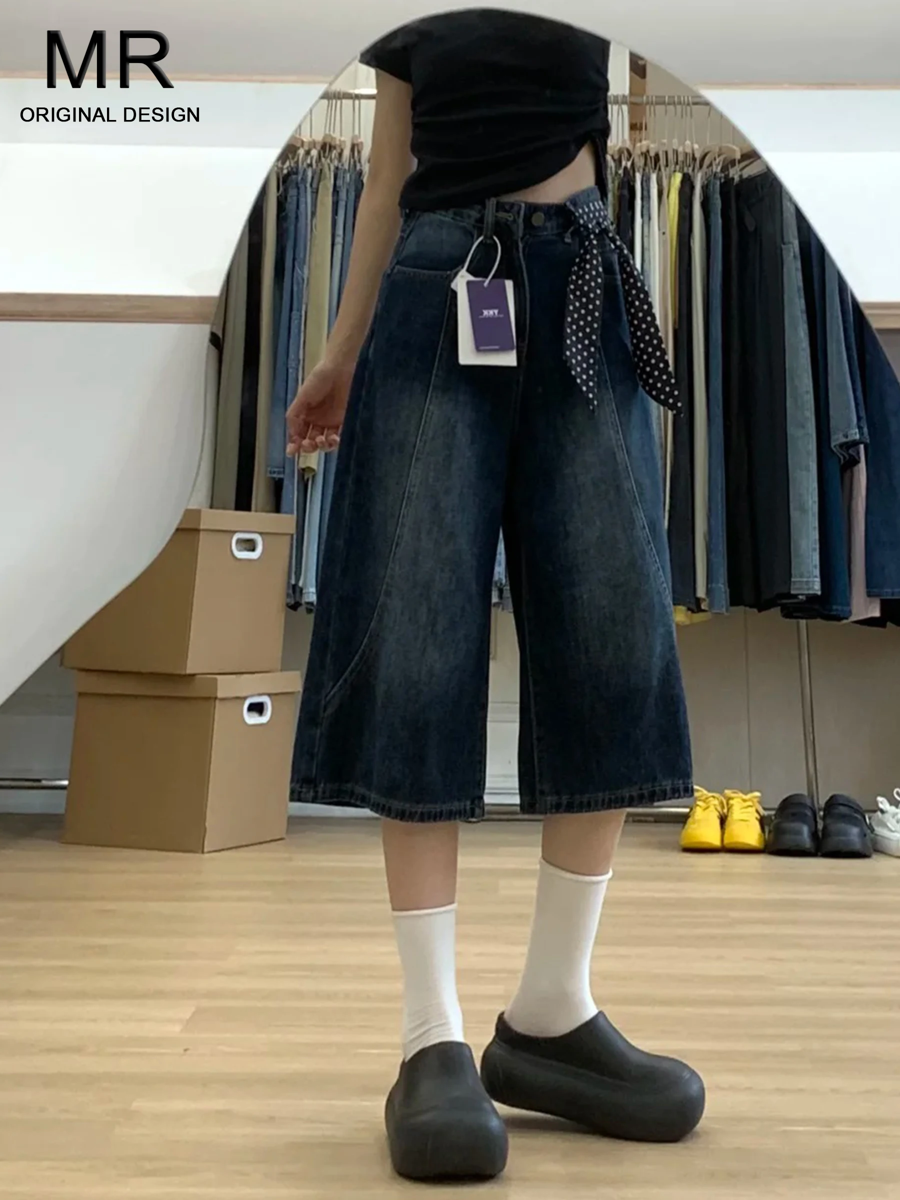 

Женские джинсы в стиле ретро, американского кроя, выцветшие синие, широкие, укороченные (7/8), свободные, прямые, с высокой талией, повседневные, весна-лето