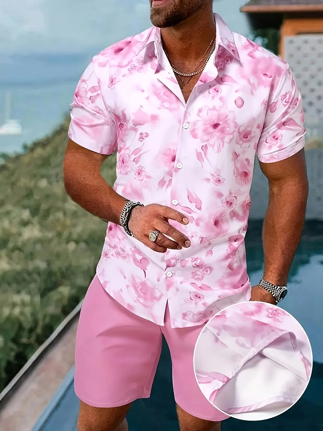 

New daily casual V-neck comfortable half-sleeve set, 3D digital printing personalized customization, street men's style