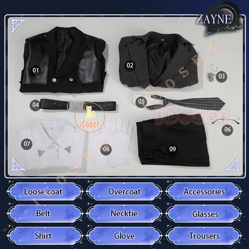 25COSLove y Deepspace Zayne Cosplay disfraz peluca uniforme gabardina traje negro chaqueta gafas fiesta de Halloween para mujeres hombres accesorios i