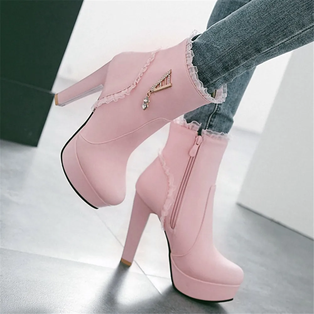 White Ankle Boots Women Platform Short Shoes Fashion Lace Buckle High Heels White Black Autumn Winter Ladies Ankle Boots Pink