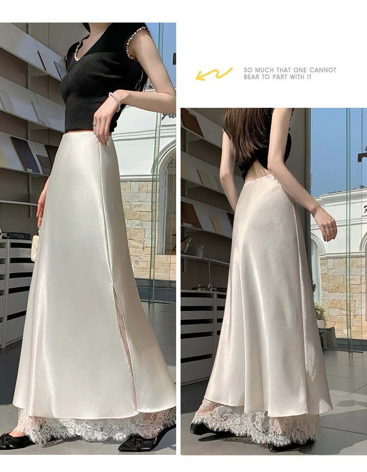 2026 Sommer Herbst Neuer Schlanker Hochwertiger Modischer Halbrock Eleganter Spitzenbesatz Satin Seitenschlitz Damen Midi-Rock – Detail 8