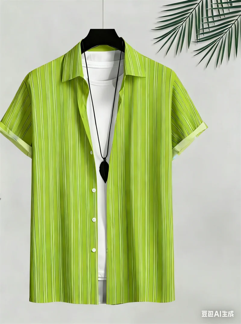 Tropical Jungle Hawaiian Men's Shirts Lime Green Leaf Graphic Breathable Lightweight Vacation Shirt Men Clothing