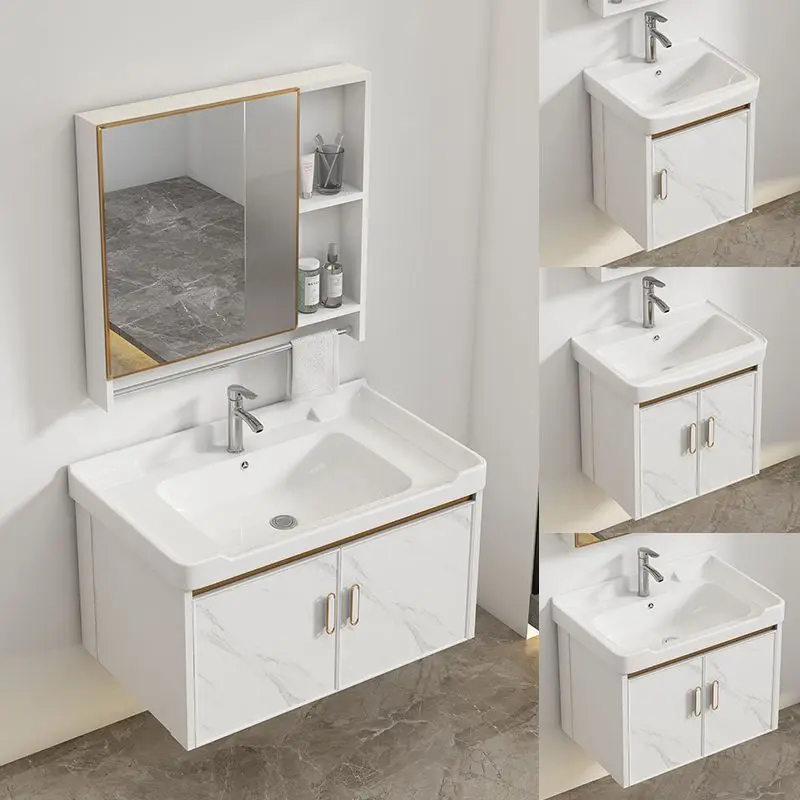 Space Aluminum Bathroom Cabinet Storage Bathroom Vanity Ceramic Washbasin Cabinet Combination Washbasin Led Mirror Pool Basin