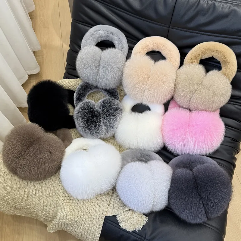 Real Fox Fur Earmuffs Plush Thickened And Keep Warm Decorate Earmuffs For Women 100% Natural Fur Solid Ear Protection Earmuffs