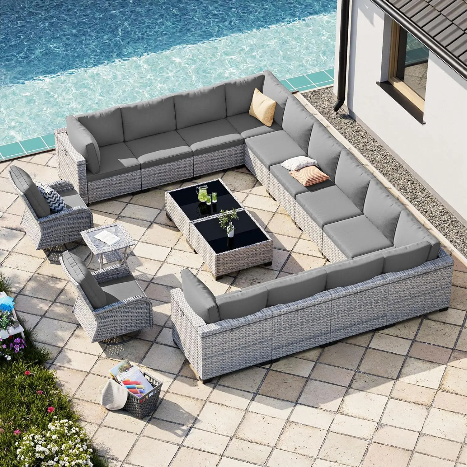 

17-Piece Patio Furniture Set, Outdoor Patio Furniture With Swivel Chairs Set, Thick Cushions, Modular Patio Sofa,, Customized