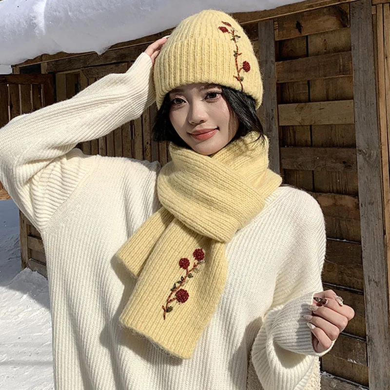 flower knitted beanies and scarf for women cute sweet winter beanie hat solid color beige pink blue green winter skullies set