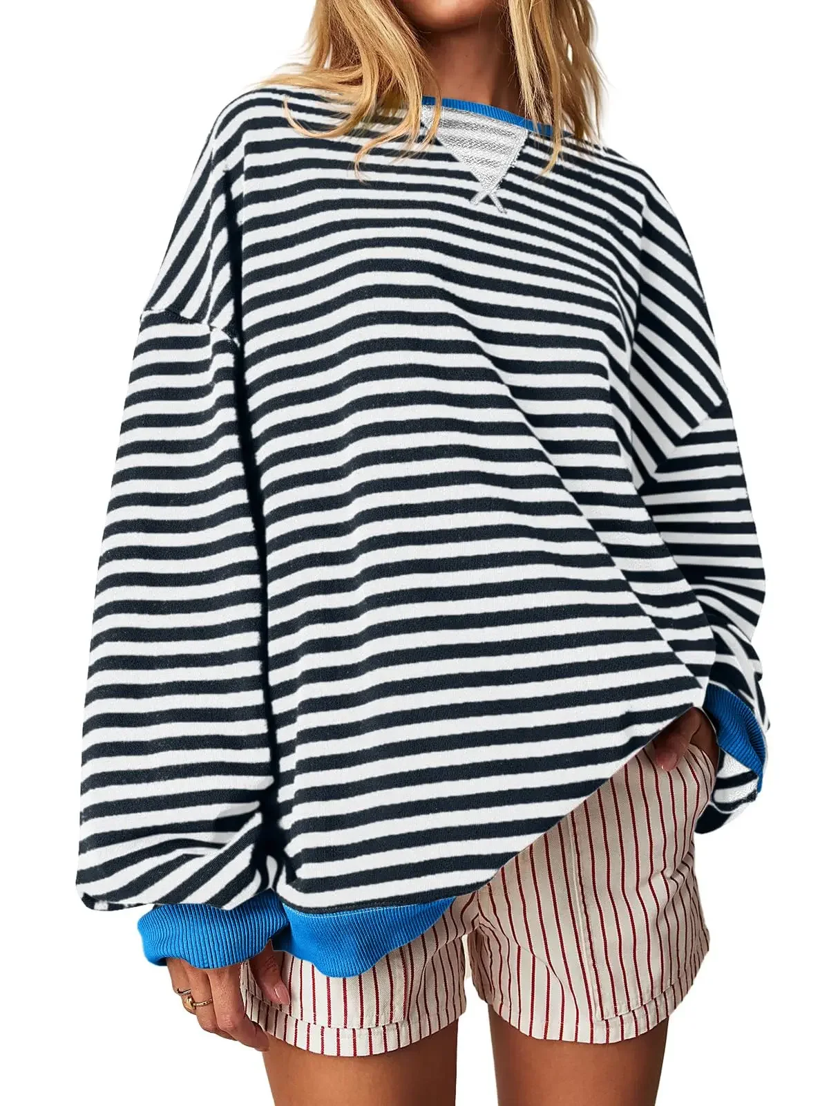 

Womens Striped Oversized Sweatshirt Color Block Crew Neck Long Sleeve Shirt Casual Loose Pullover Top Y2K Clothes