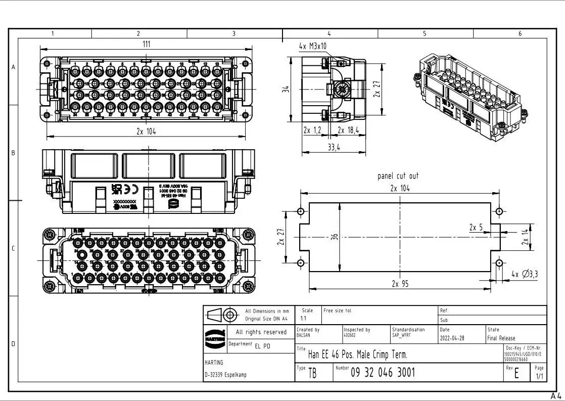 09320463001 HARTING HAN 46EE-M 46-pinowe złącze męskie