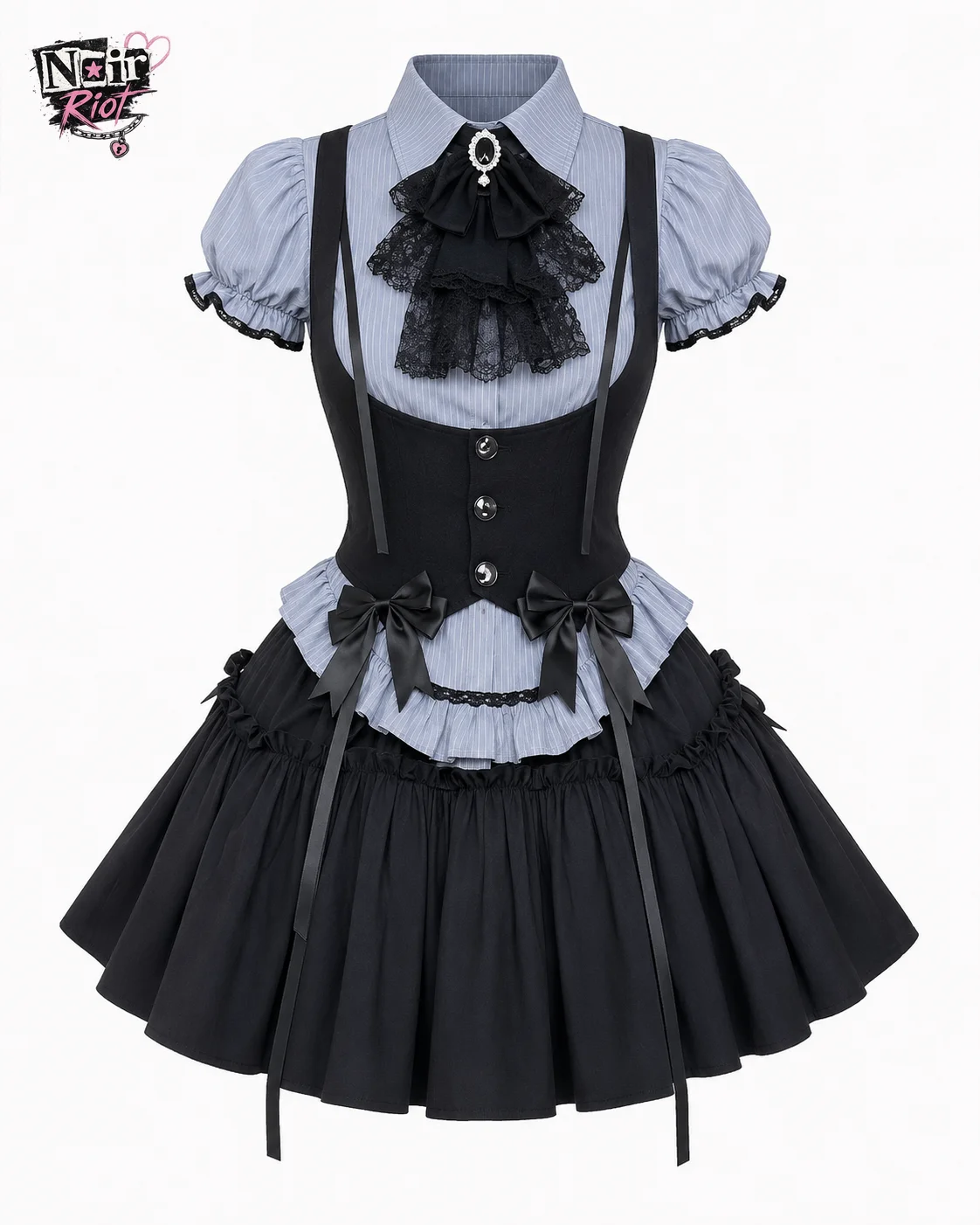 Jirai Kei Dress Set Women Puff Sleeve Corset Top Tiered Ruffle Pleated Mini Skirt Ryousangata Japanese Preppy Daily OOTD Outfit